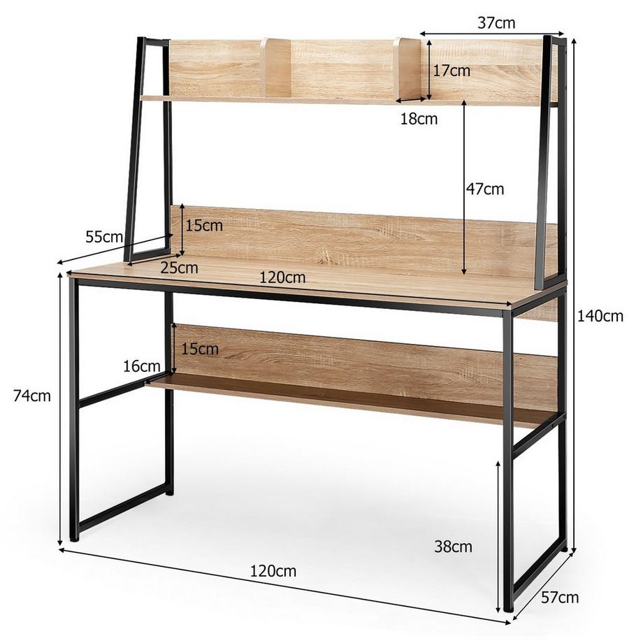 Northix Bureau d'ordinateur avec étagère, bibliothèque et repose-pieds réglables, table de travail naturel  