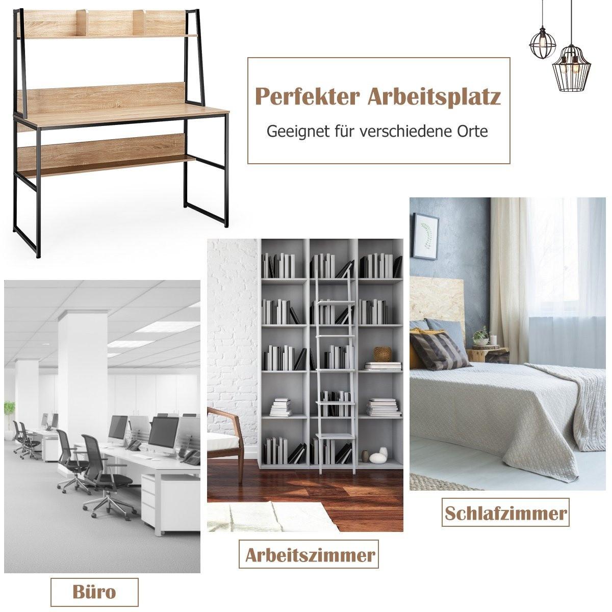 Northix Computertisch mit Ablage & Bücherregal & Verstellbaren Fußpads Schreibtisch Arbeitstisch Natur  