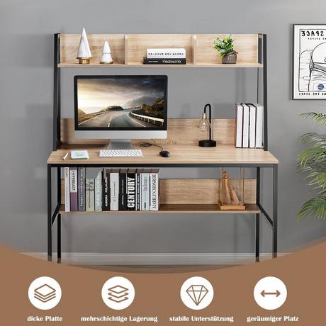 Northix Computertisch mit Ablage & Bücherregal & Verstellbaren Fußpads Schreibtisch Arbeitstisch Natur  