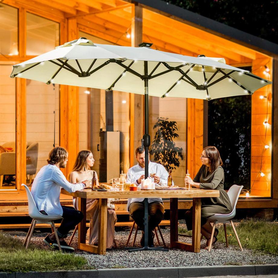 Northio Sonnenschirm, 295 X 219Cm Doppelsonnenschirm, Gartenschirm Mit Led, Marktschirm Mit Verstellbarem Neigungswinkel, Polyester, Stahl, Beige  