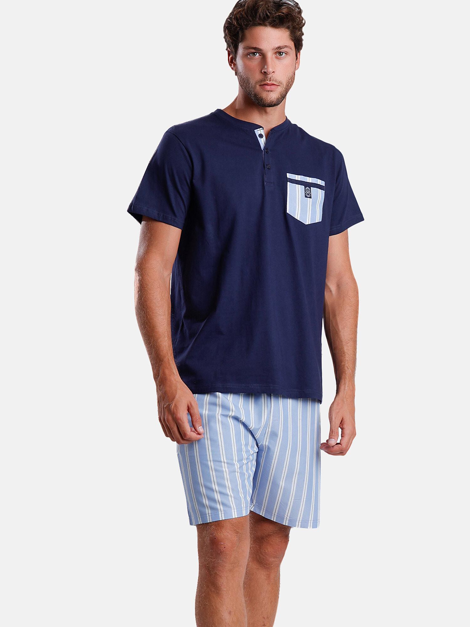 Image of Pyjama Shorts T-shirt Stripest Herren Königsblau M