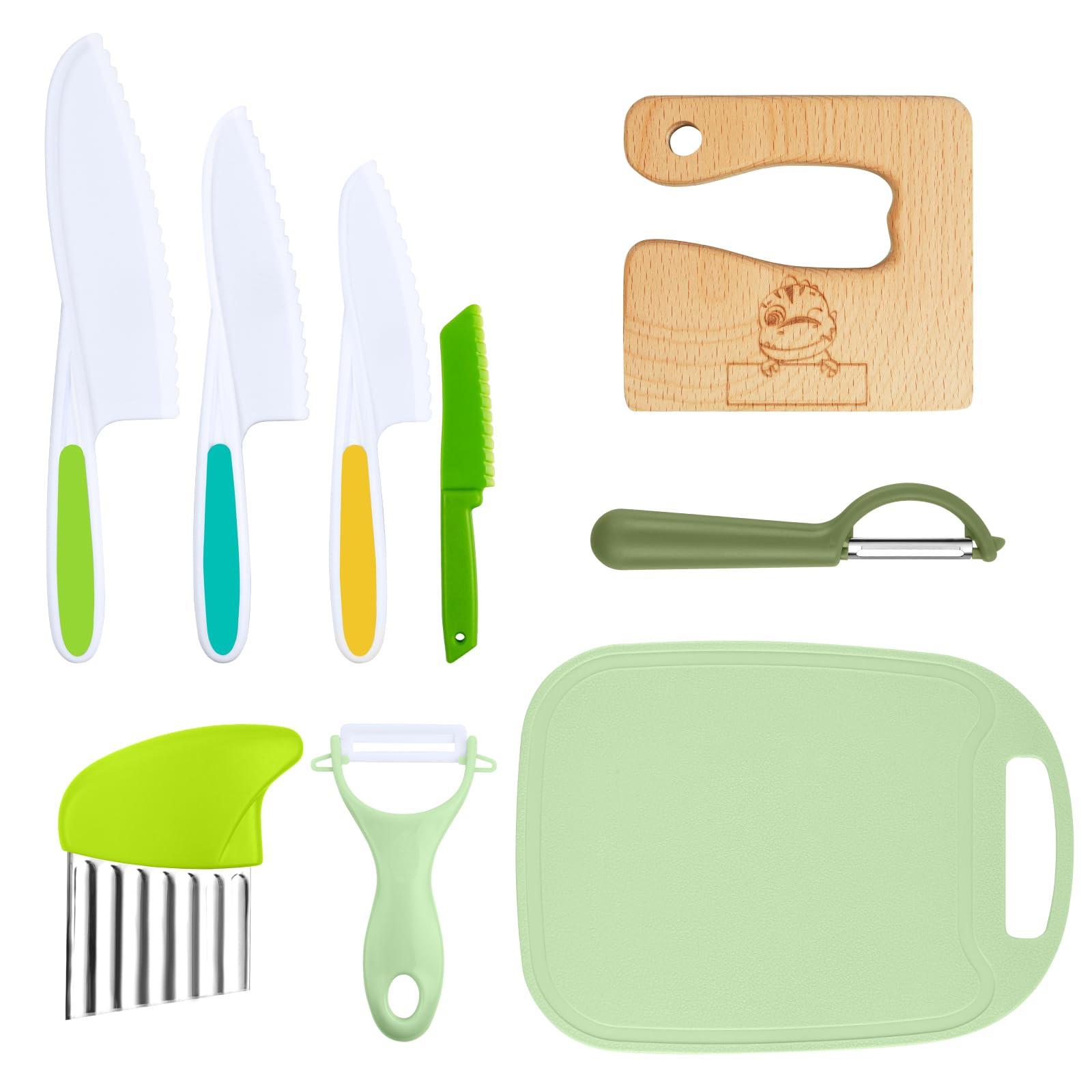 Activity-board  9-teiliges Kinder-Küchenmesser-Set, Koch-Küchenmesser zum Schneiden und Kochen von Obst oder Gemüse für Kleinkinder, inklusive Kindermesser aus Holz-Schneidebrett-Schäler 