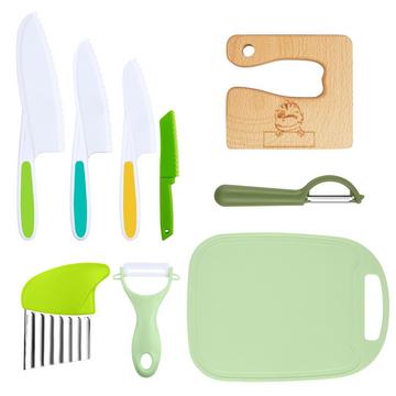 9-teiliges Kinder-Küchenmesser-Set, Koch-Küchenmesser zum Schneiden und Kochen von Obst oder Gemüse für Kleinkinder, inklusive Kindermesser aus Holz-Schneidebrett-Schäler