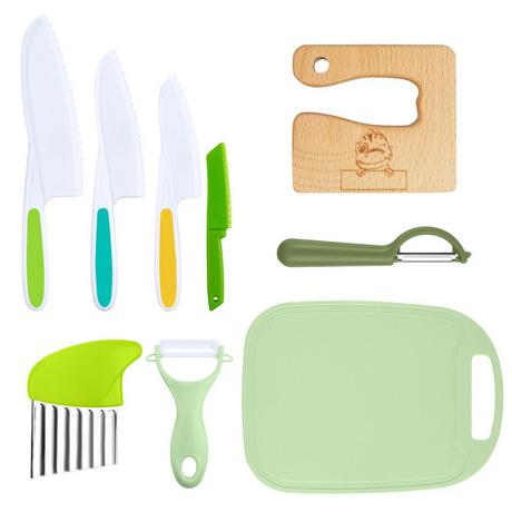 Activity-board  9-teiliges Kinder-Küchenmesser-Set, Koch-Küchenmesser zum Schneiden und Kochen von Obst oder Gemüse für Kleinkinder, inklusive Kindermesser aus Holz-Schneidebrett-Schäler 