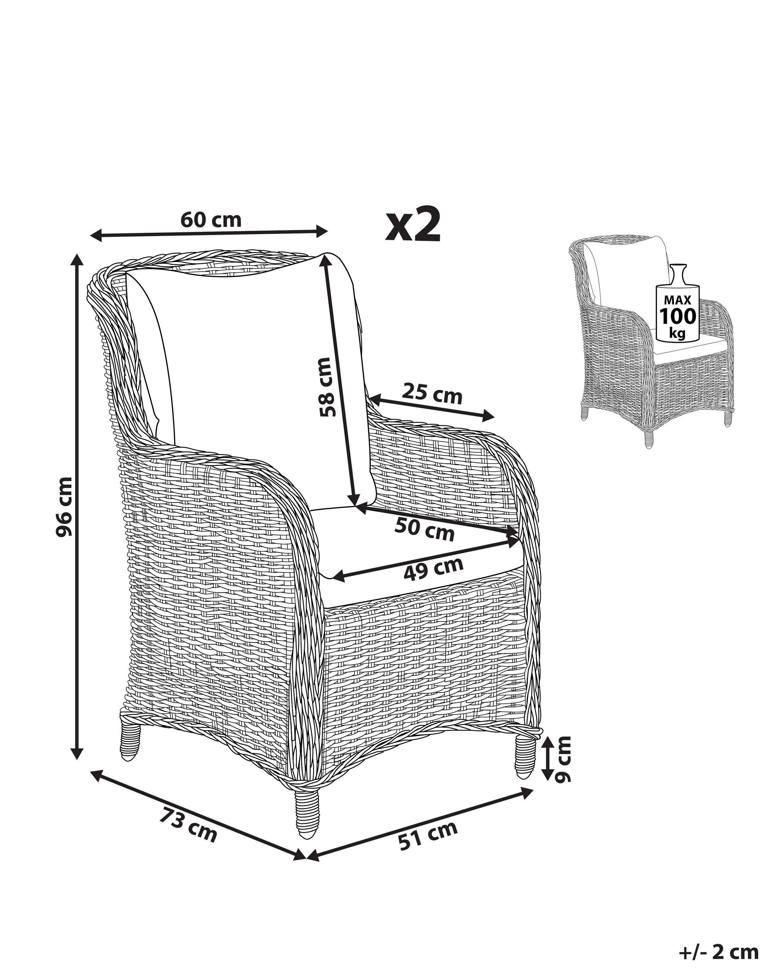 Beliani Lot de 2 chaises de jardin avec coussins en Polyrotin Boho CASCAIS  