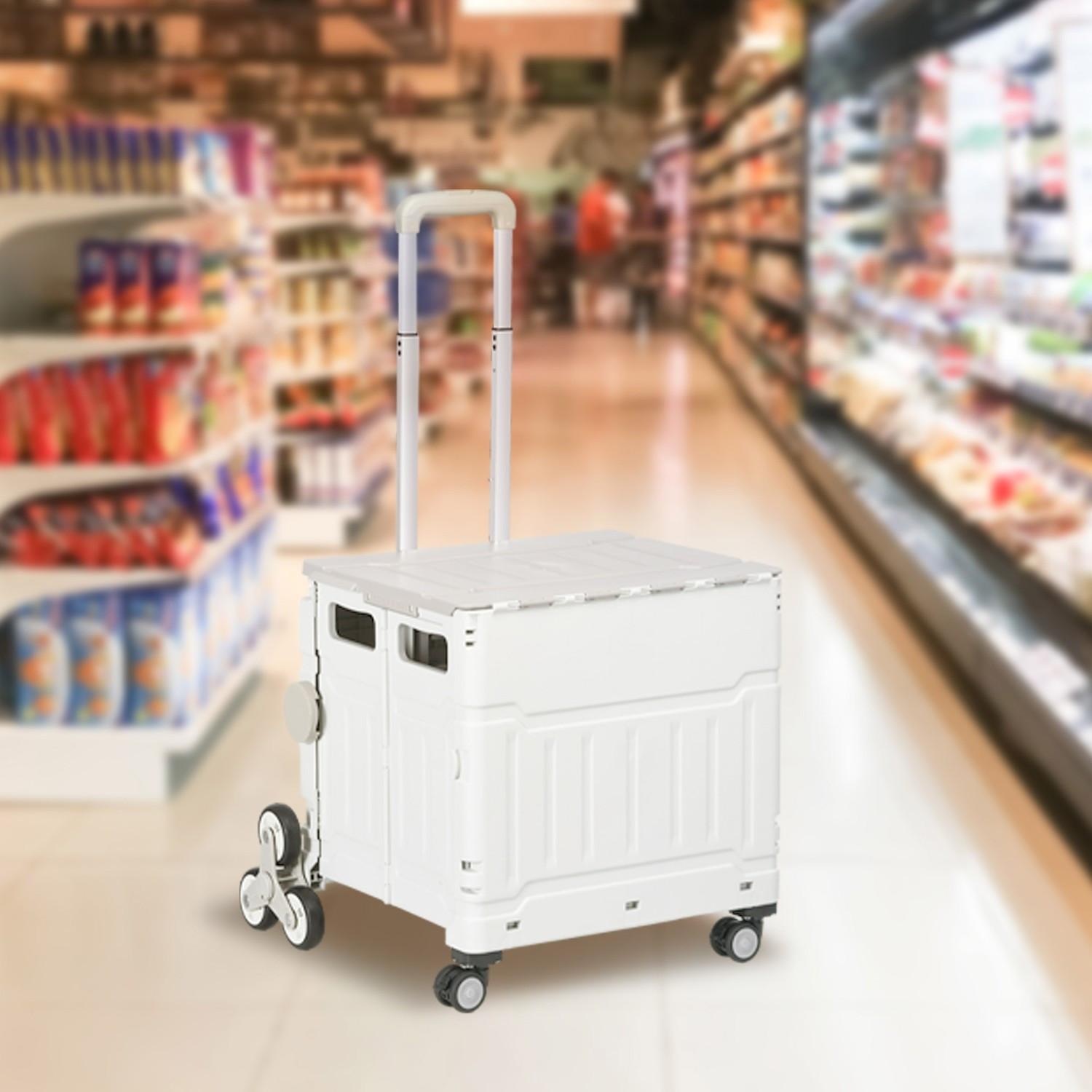 Northio Chariot De Courses Pliable, Poignée Télescopique Réglable, Monte-Escalier Avec Couvercle, Jusqu'À 80 Kg, Blanc  