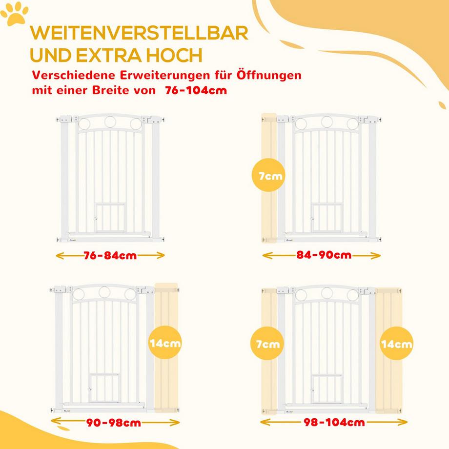 Northio  Türschutzgitter für Hunde, 76-104 cm Treppengitter ohne Bohren, schließbar Treppenschutzgitter mit Katzentür, Schutzgitter für alle großen Hunde, Stahl, Weiß 