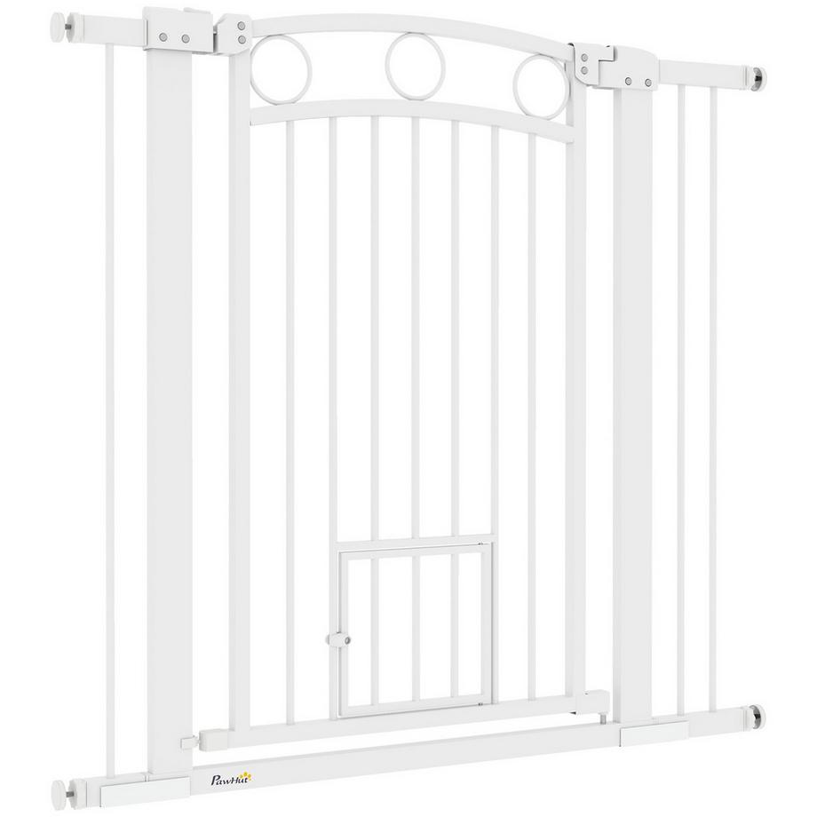 Northio  Türschutzgitter für Hunde, 76-104 cm Treppengitter ohne Bohren, schließbar Treppenschutzgitter mit Katzentür, Schutzgitter für alle großen Hunde, Stahl, Weiß 