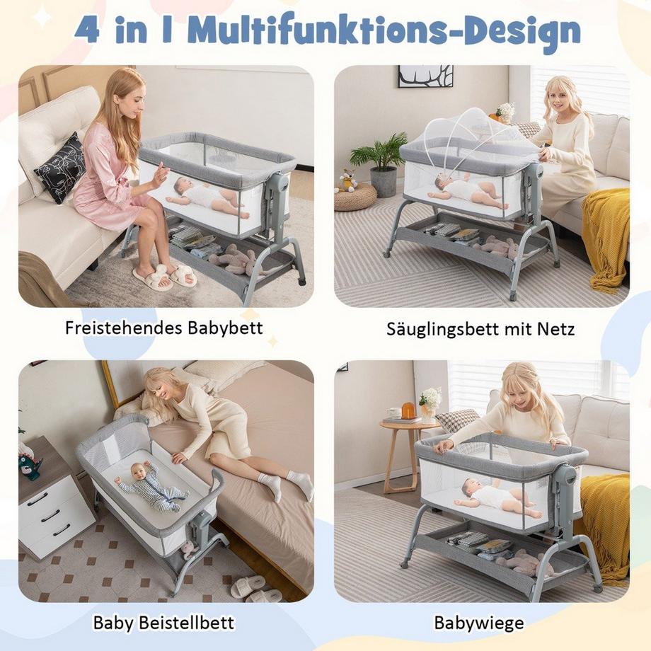 Northix  Lit bébé mobile 4 en 1 avec moustiquaire et matelas et 6 hauteurs réglables gris 