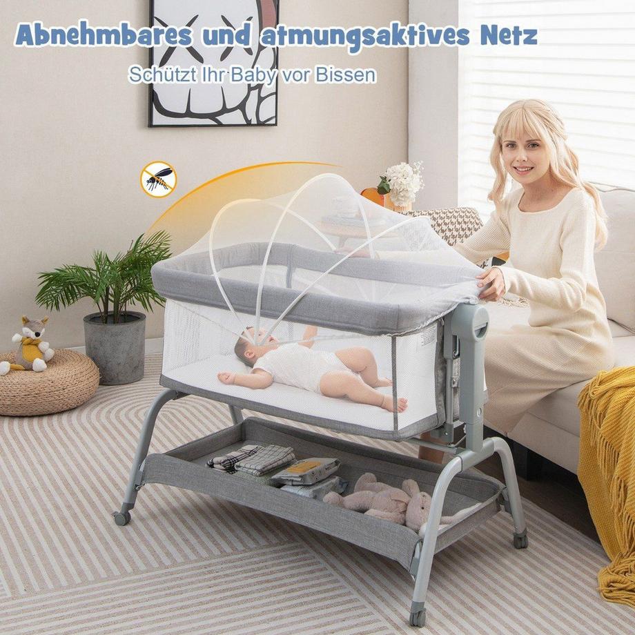 Northix  Lit bébé mobile 4 en 1 avec moustiquaire et matelas et 6 hauteurs réglables gris 