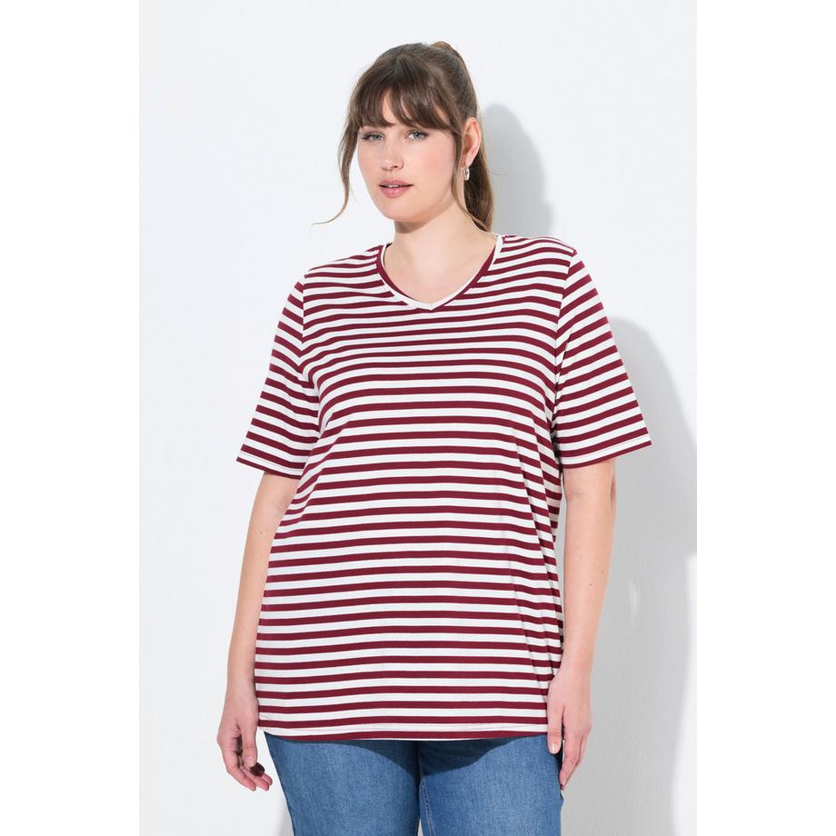 Ulla Popken T-Shirts 2er-Pack Ringel Uni V-Ausschnitt Halbarm  