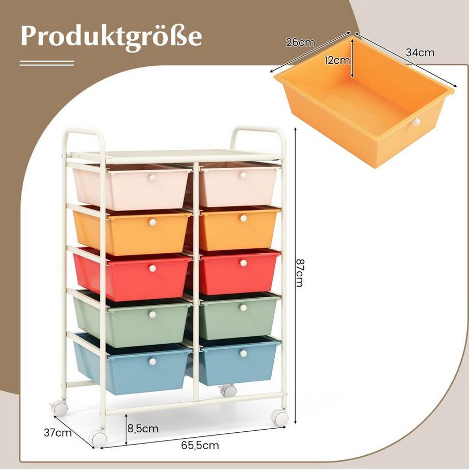 Northix Carrello portaoggetti con ruote e 10 cassetti  