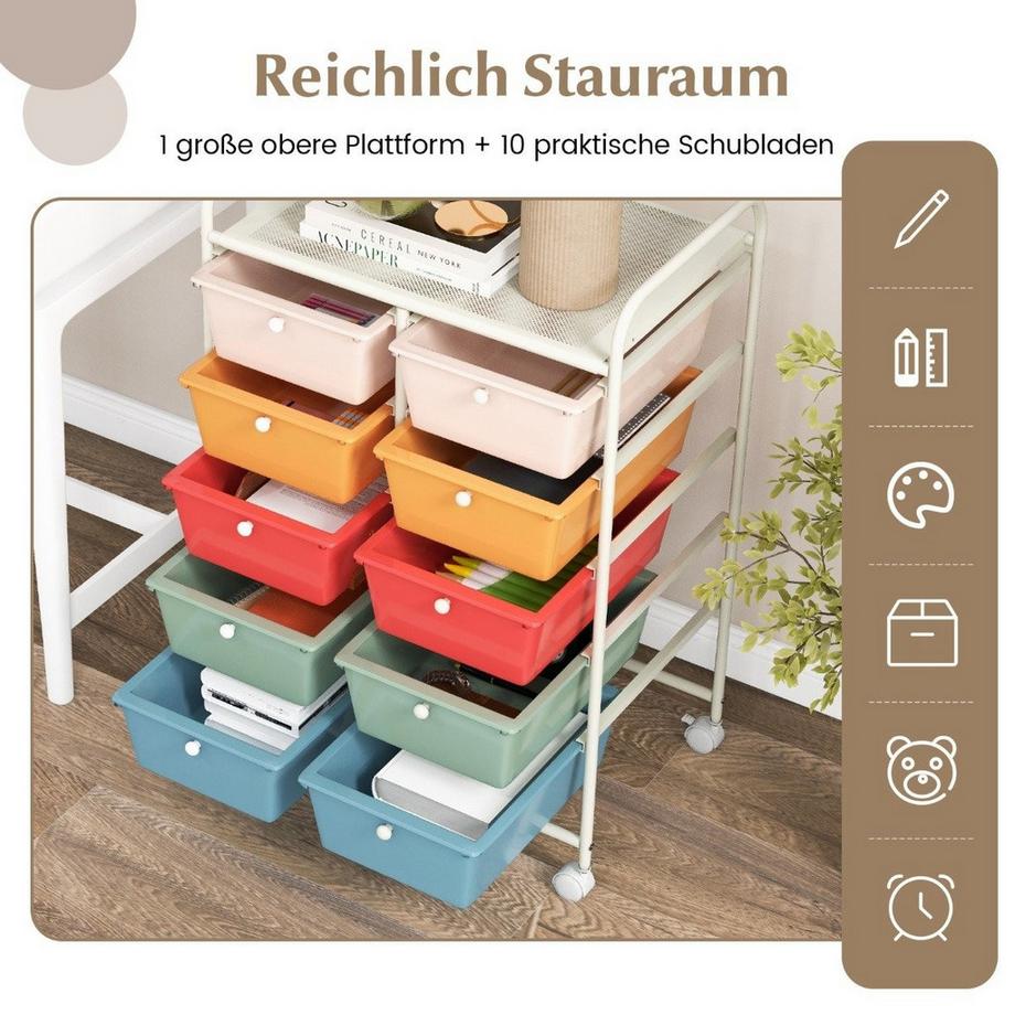 Northix Carrello portaoggetti con ruote e 10 cassetti  