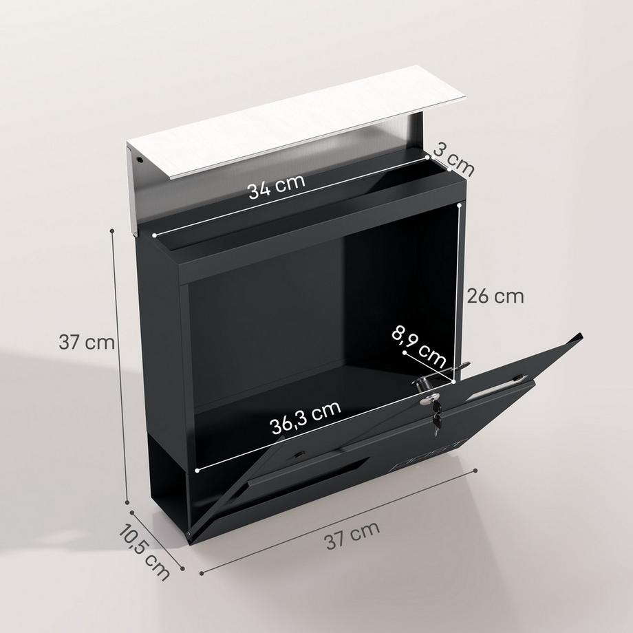 Northio  Boîte aux lettres murale en acier avec fenêtre, serrure, âme en cuivre, boîte aux lettres pour l'extérieur, 37 x 10,5 x 37 cm, gris foncé | 