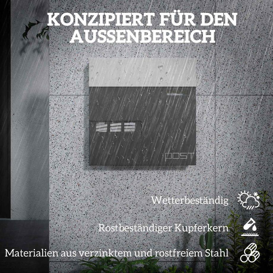 Northio  Boîte aux lettres murale en acier avec fenêtre, serrure, âme en cuivre, boîte aux lettres pour l'extérieur, 37 x 10,5 x 37 cm, gris foncé | 