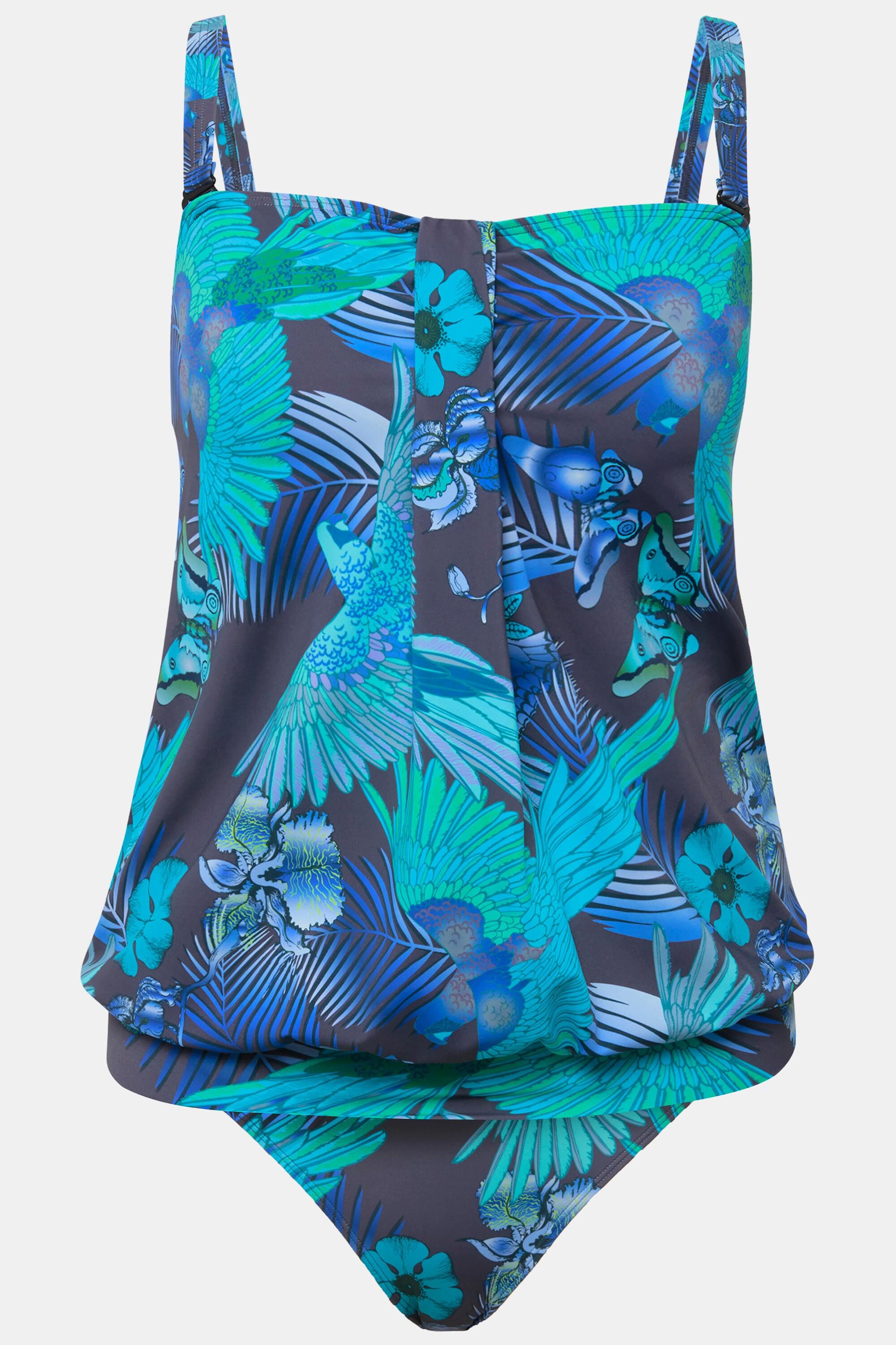 Ulla Popken  Tankini con pappagalli, coppe morbide, spalline regolabili e materiale riciclato 