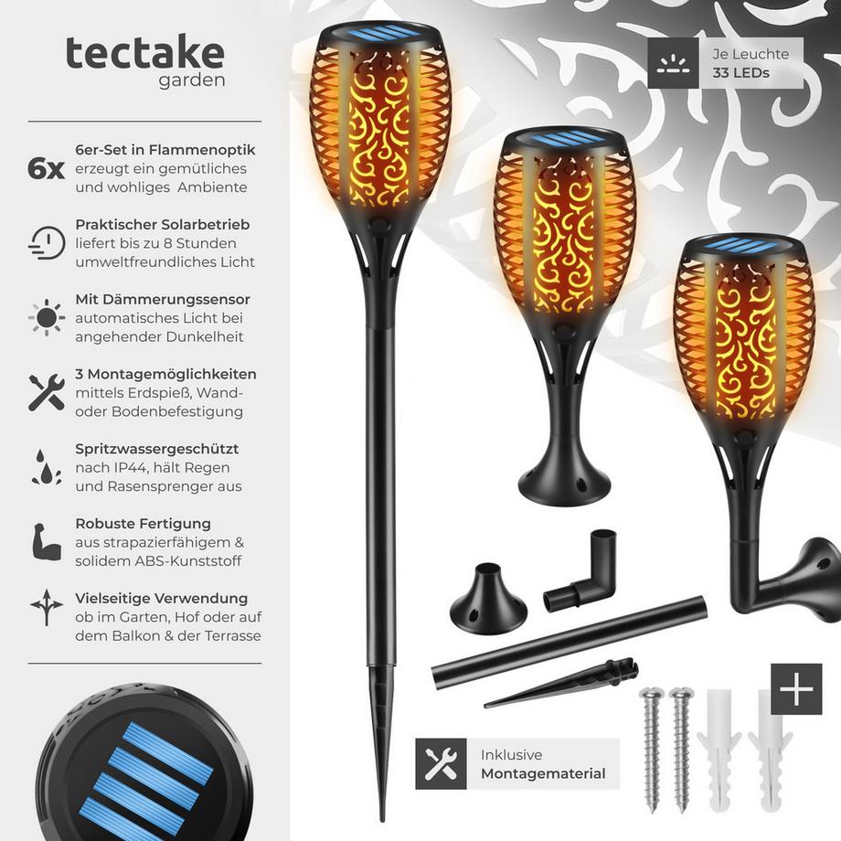 Tectake Set di 6 lampade solari Flare LED, design a fiamma  