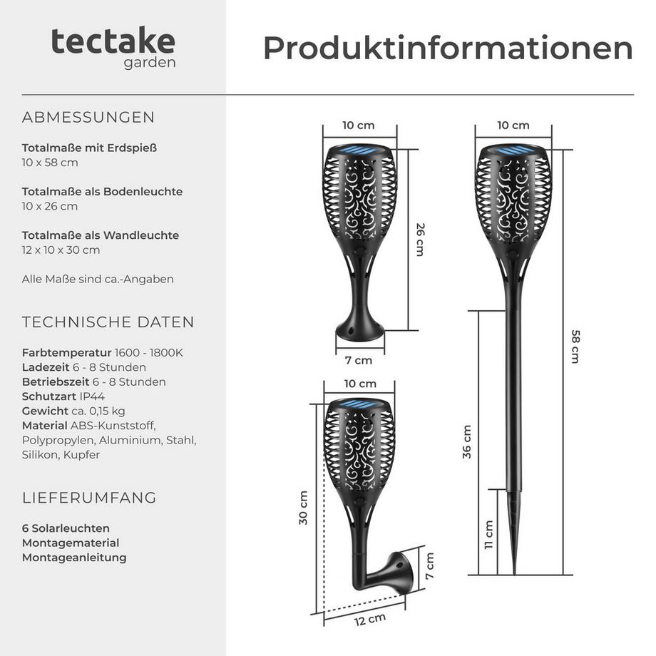 Tectake Set di 6 lampade solari Flare LED, design a fiamma  