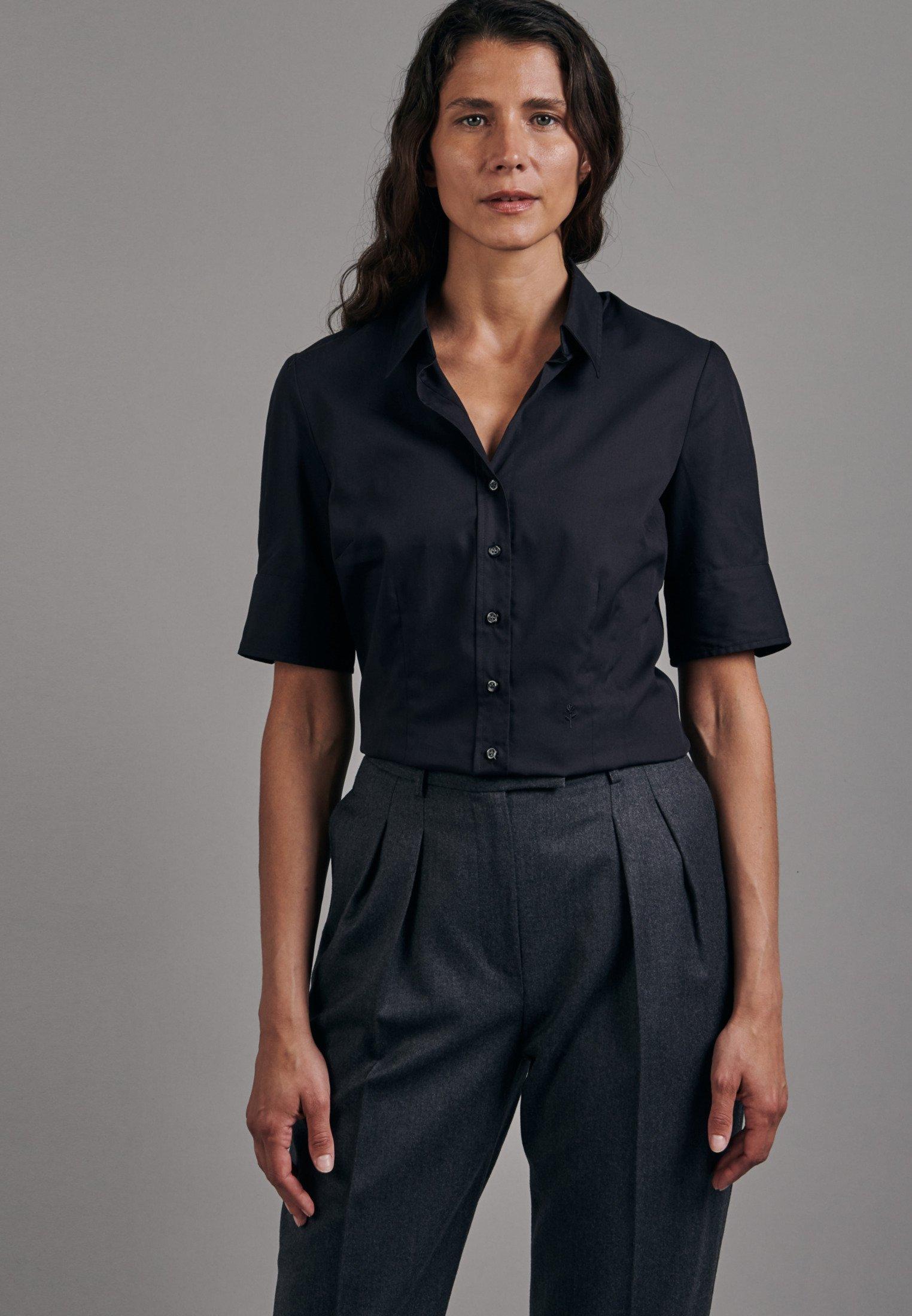 Image of Hemdbluse Uni Kurzarm Kragen Damen Schwarz 40