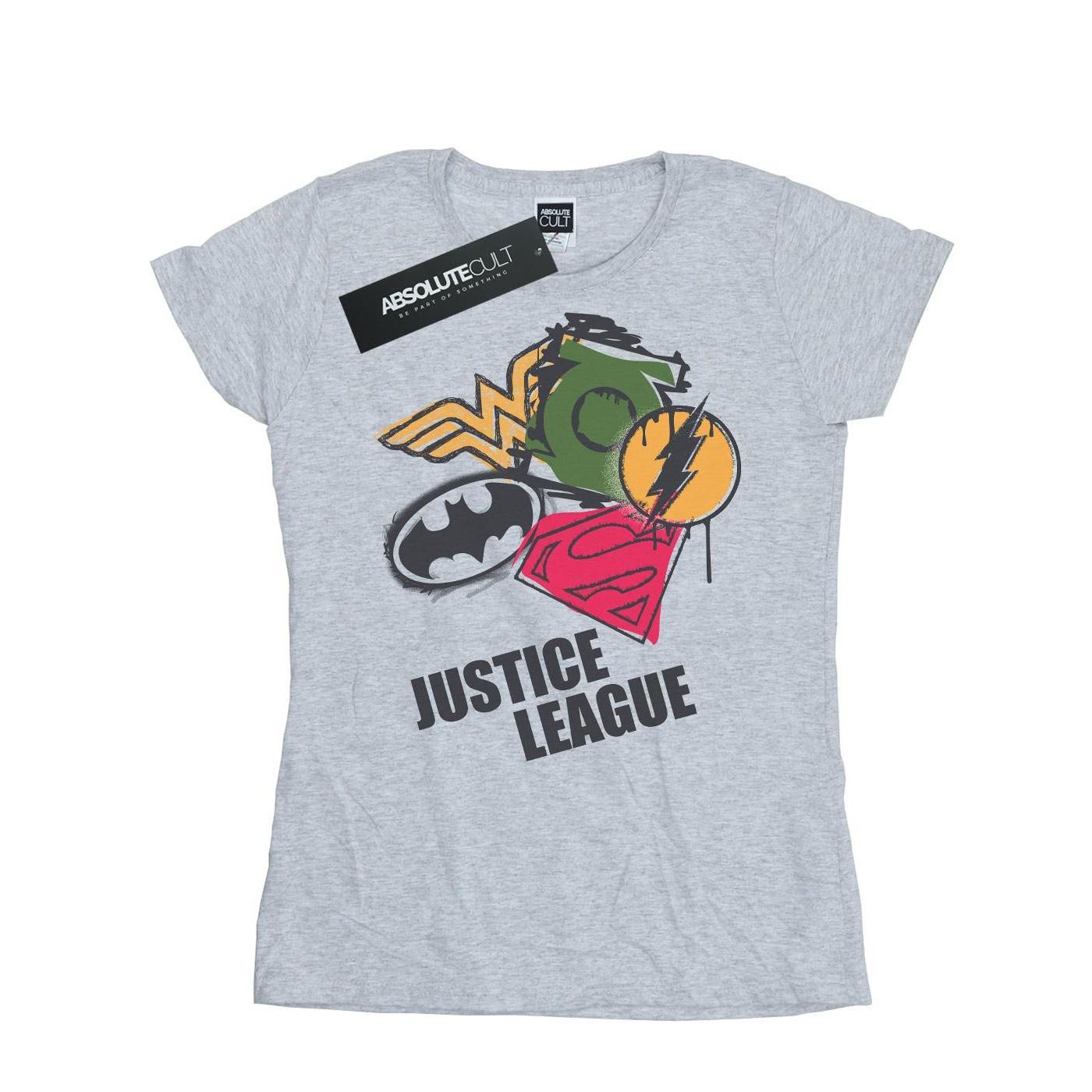 Image of Justice League Spray Logos Tshirt Damen Grau XL