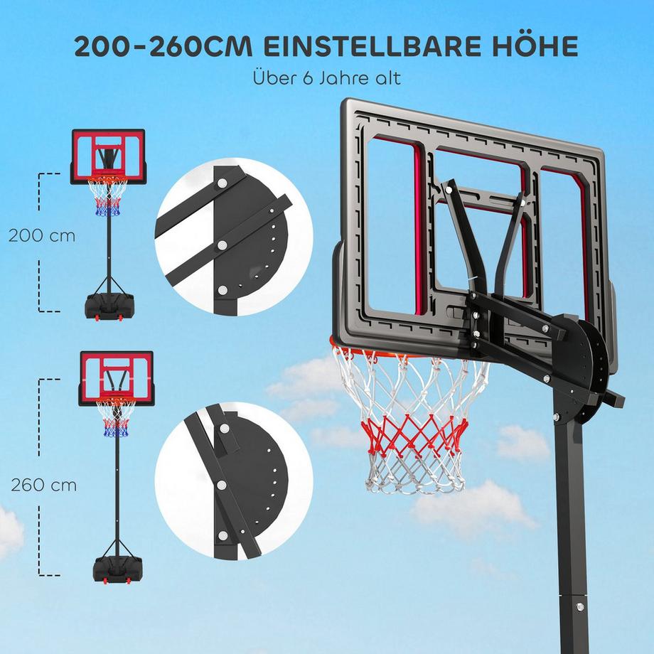 Northio  Panier de basket d'extérieur pour enfants, 200-260 cm, support de basket réglable en hauteur avec roulettes, sac de musculation, système de basket avec support pour enfants à partir de 6 ans, rouge 