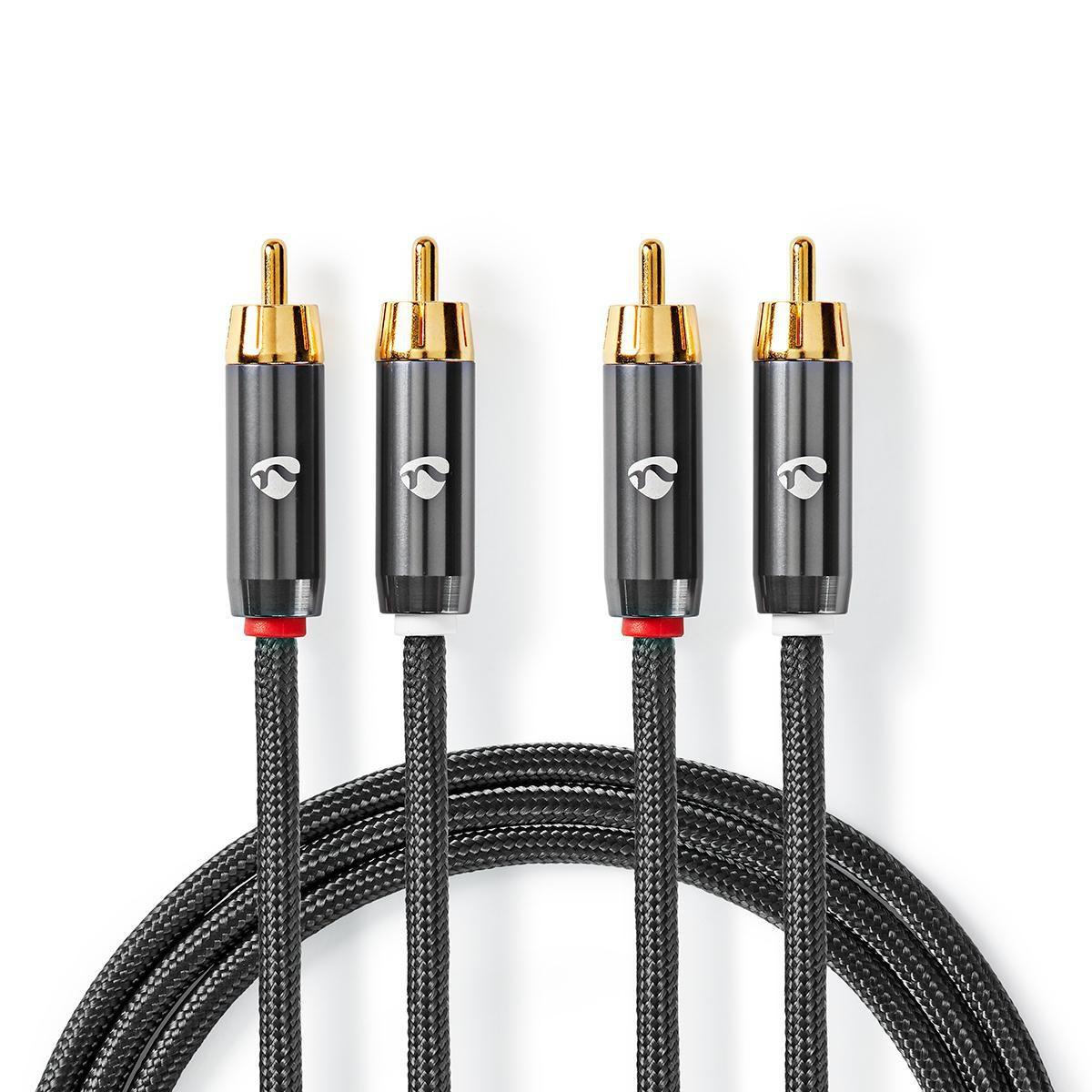 Image of Stereo-Audiokabel | 2x RCA-Stecker | 2x RCA-Stecker | Vergoldet | 1,00 m | Rund | Grau / Grau mit Metall | Karton mit Sichtfenster