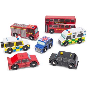 Le Toy Van – Kultiges Spielset mit Holzautos im London-Design – 7-teiliges Set | Fahrzeug-Rollenspiel für Jungen – Geeignet für Kinder ab 3 Jahren