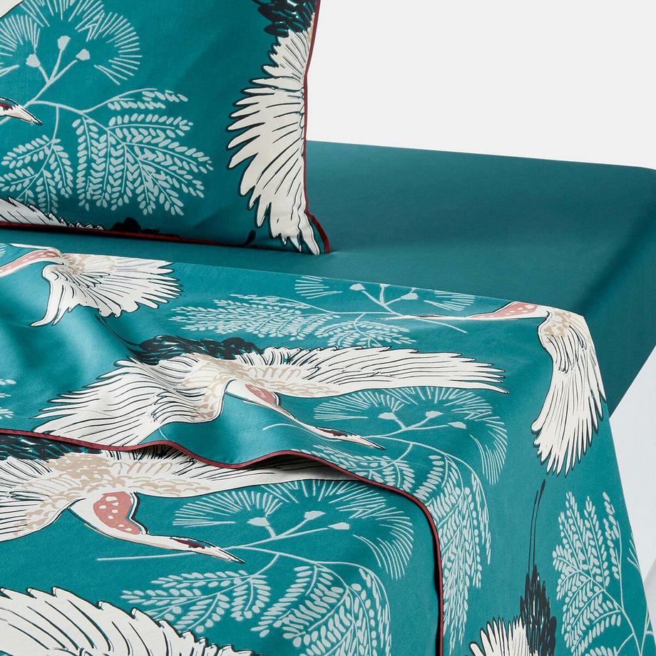 Drap imprimé percale Grues Bleu