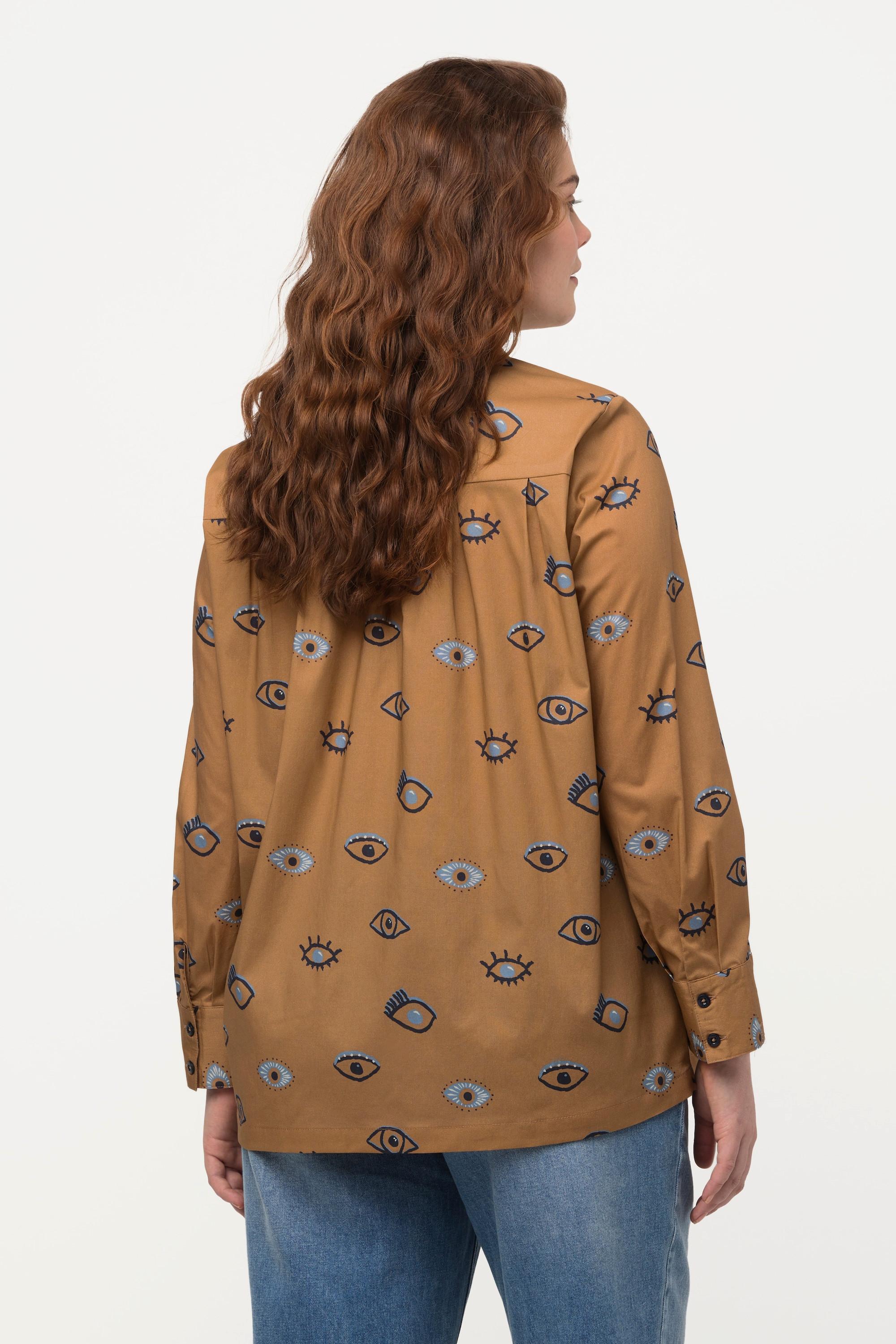 Ulla Popken  Blouse en coton bio à motif œil, col chemise et manches longues 