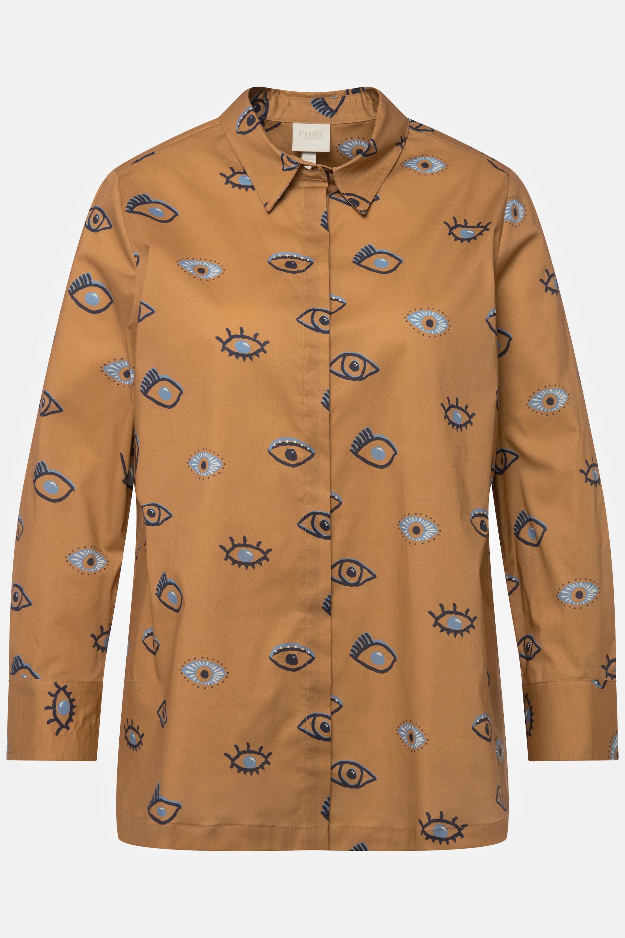 Ulla Popken  Blouse en coton bio à motif œil, col chemise et manches longues 