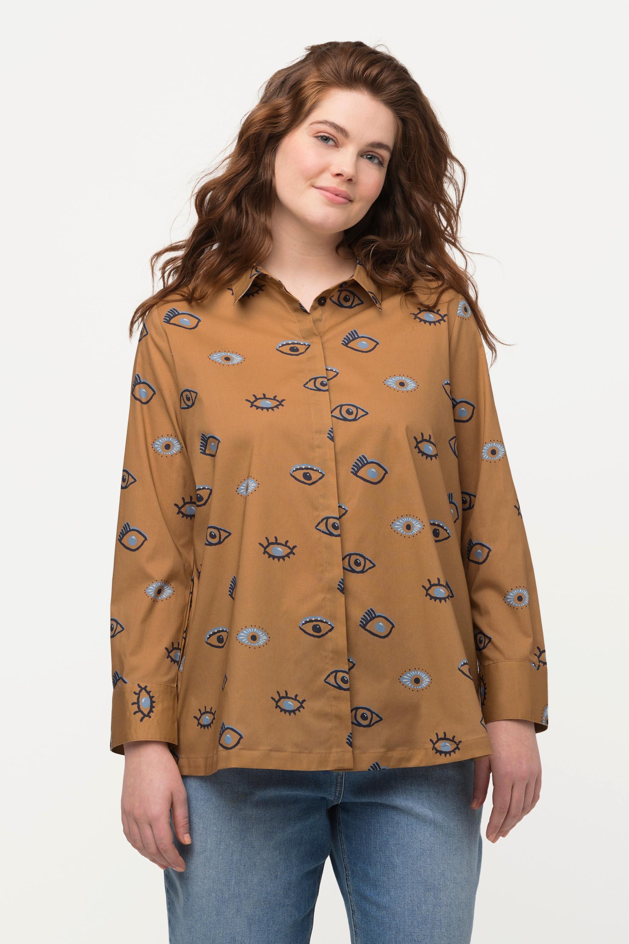 Ulla Popken  Blouse en coton bio à motif œil, col chemise et manches longues 