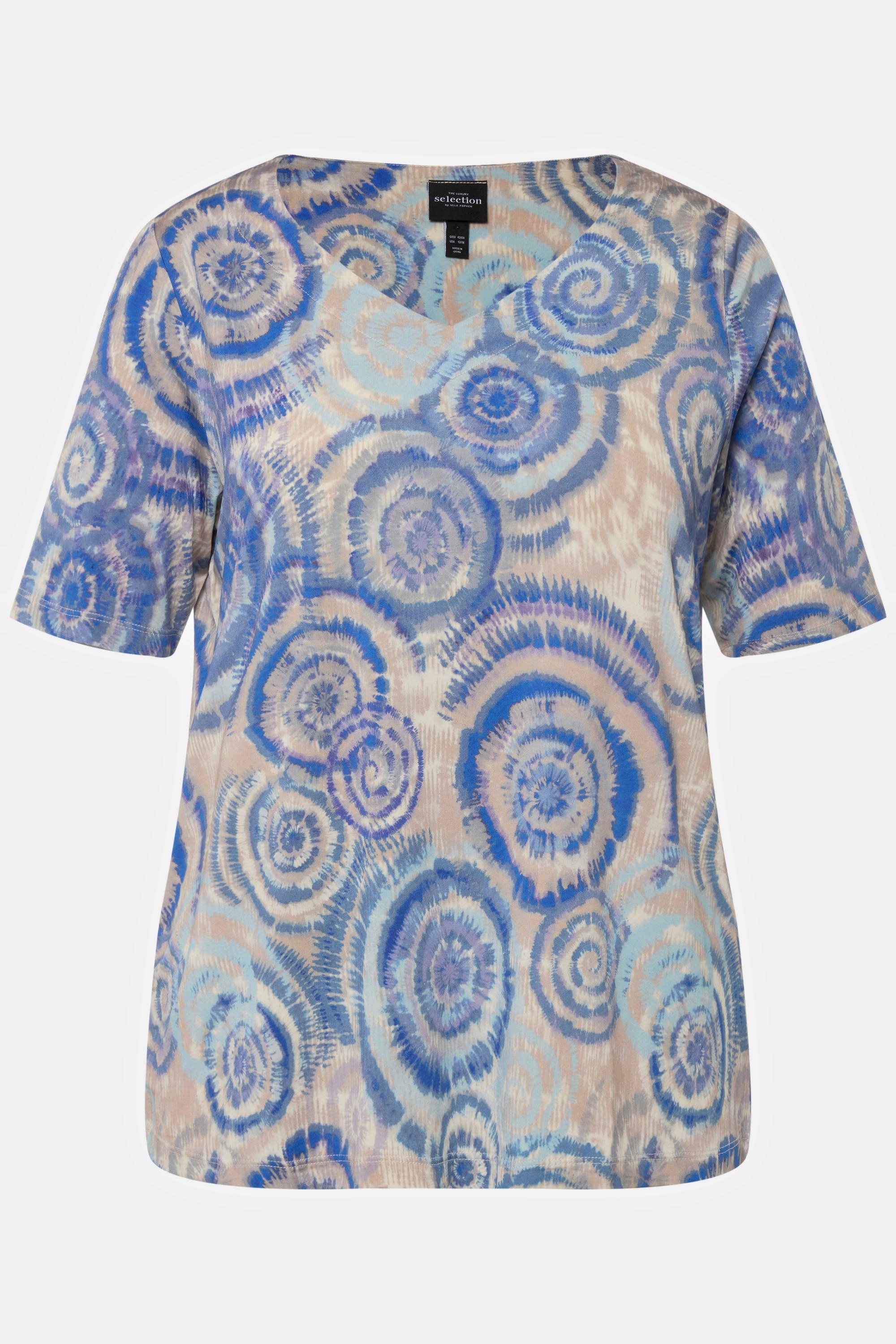 Ulla Popken  Maglia in tessuto fluente con stampa batik, scollo a V e mezze maniche 