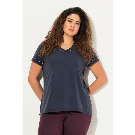 Ulla Popken  T-shirt con tintura a freddo, applicazioni, scollo a V e mezze maniche 