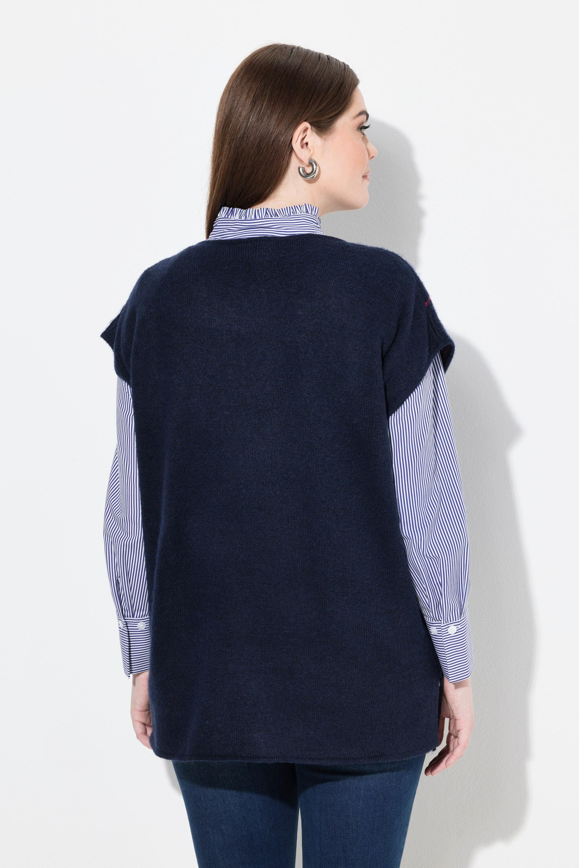 Ulla Popken Pull sans manches col en V motif Argyle avec fentes latérales  