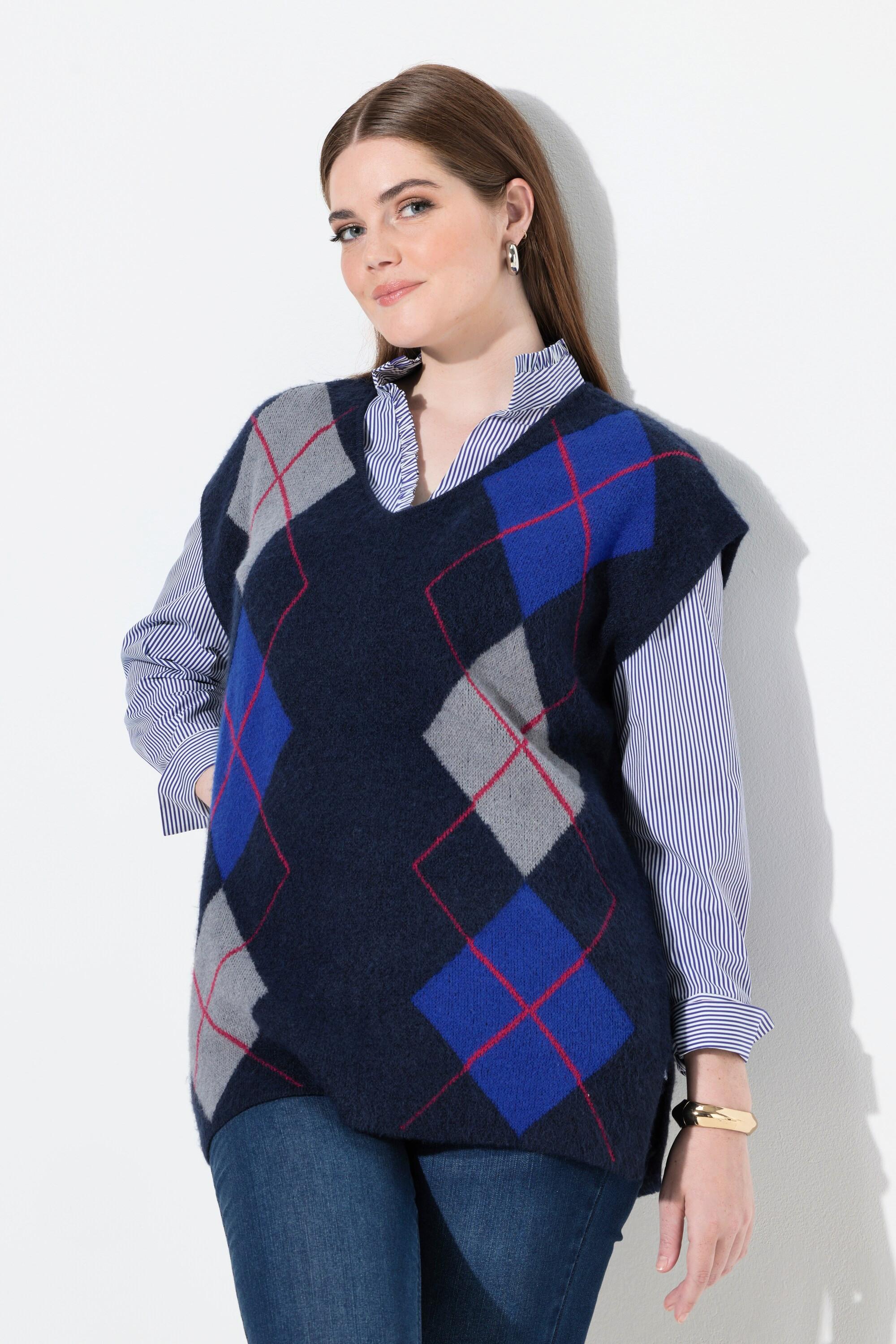 Ulla Popken Pull sans manches col en V motif Argyle avec fentes latérales  