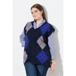Ulla Popken Pull sans manches col en V motif Argyle avec fentes latérales  