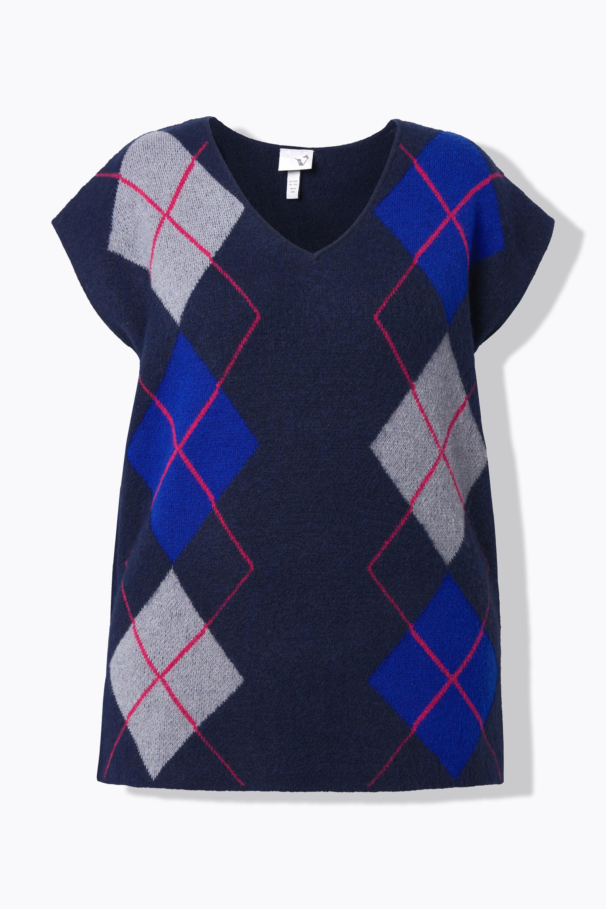Ulla Popken Pull sans manches col en V motif Argyle avec fentes latérales  