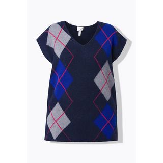 Ulla Popken Pull sans manches col en V motif Argyle avec fentes latérales  