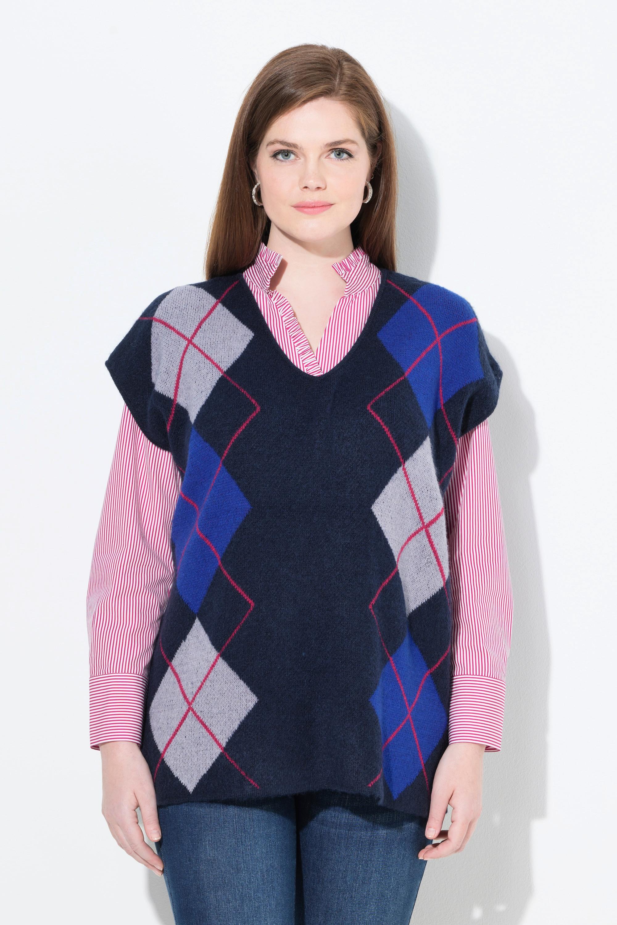 Ulla Popken Pull sans manches col en V motif Argyle avec fentes latérales  