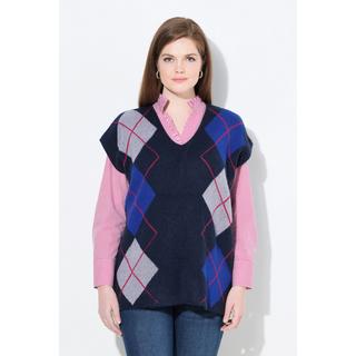 Ulla Popken Pull sans manches col en V motif Argyle avec fentes latérales  