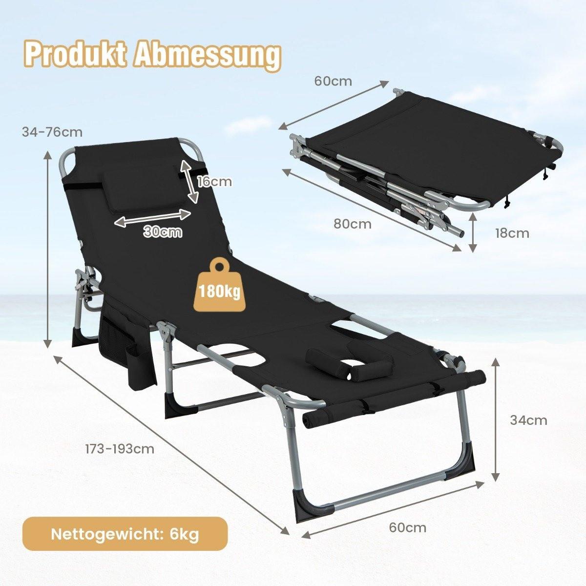 Northix Chaise longue de jardin pliable avec ouverture du visage, dossier réglable et repose-pieds, noir  