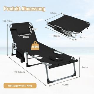 Northix Chaise longue de jardin pliable avec ouverture du visage, dossier réglable et repose-pieds, noir  