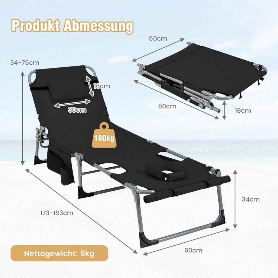 Northix Sonnenliege mit Gesichtsöffnung Faltbare Gartenliege mit Verstellbarer Rückenlehne und Fußstütze Schwarz  