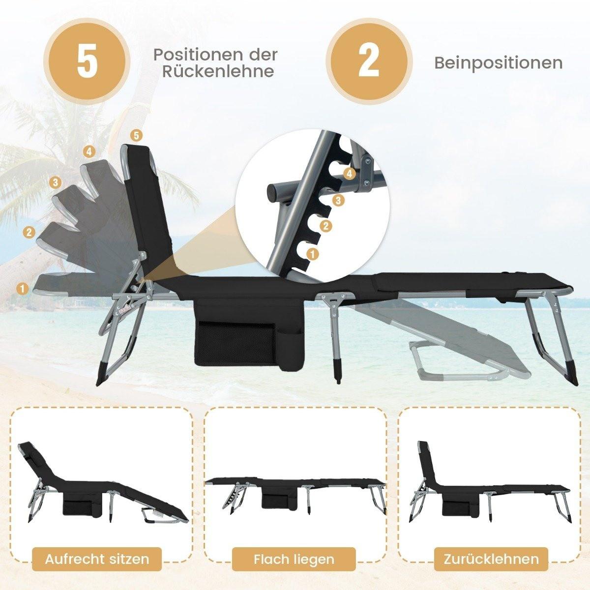 Northix Chaise longue de jardin pliable avec ouverture du visage, dossier réglable et repose-pieds, noir  