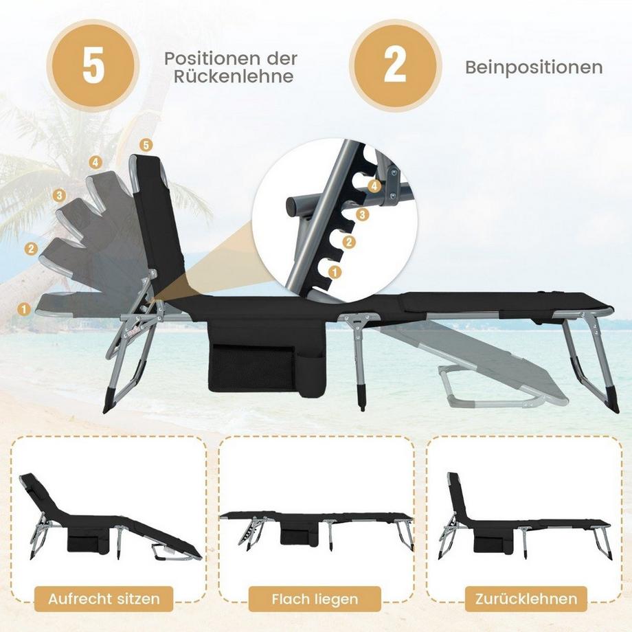 Northix Sonnenliege mit Gesichtsöffnung Faltbare Gartenliege mit Verstellbarer Rückenlehne und Fußstütze Schwarz  