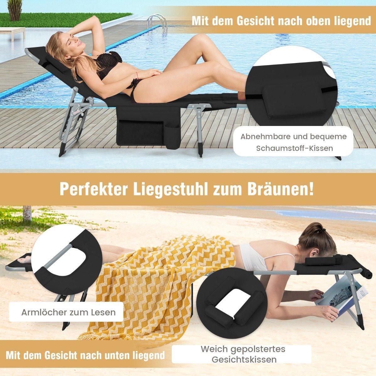 Northix Chaise longue de jardin pliable avec ouverture du visage, dossier réglable et repose-pieds, noir  