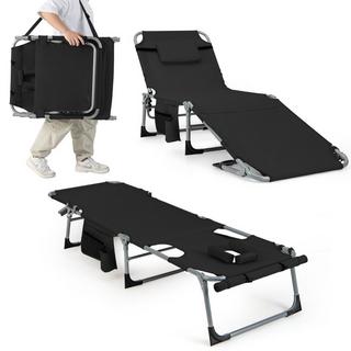 Northix Chaise longue de jardin pliable avec ouverture du visage, dossier réglable et repose-pieds, noir  