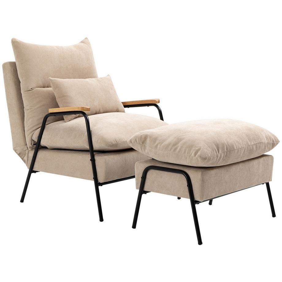 Polstersessel mit Hocker, Relaxsessel mit Liegefunktion, Polsterstuhl, Kissen, Fernsehsessel, 68 x 91,5 x 88 cm, Beige