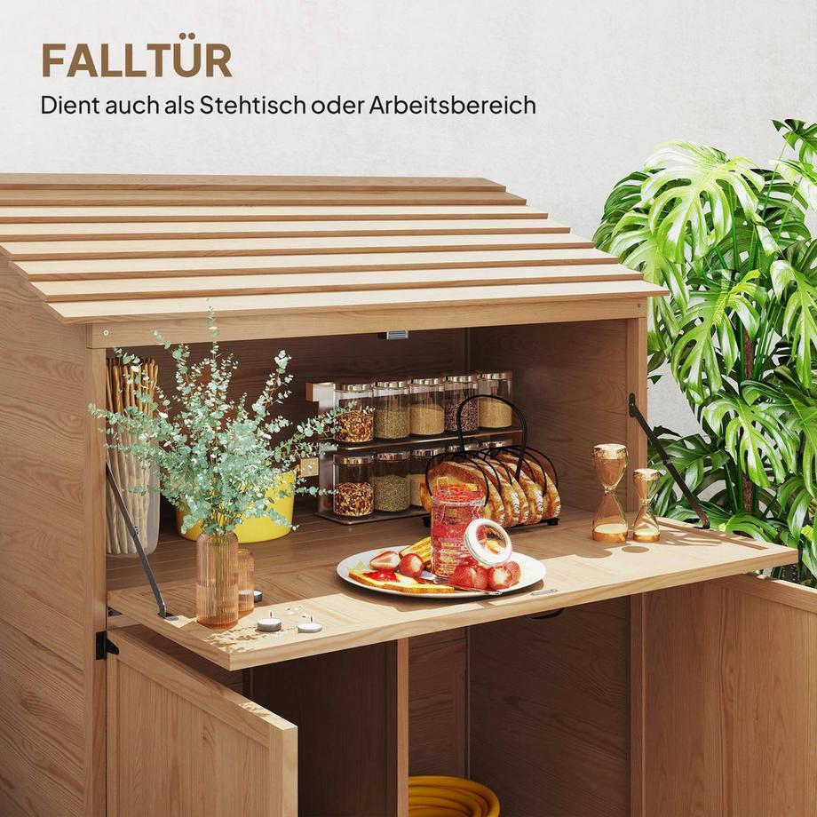 Northio  Gartenschrank Holz, Geräteschuppen mit Stufen-Pultdach Ablage klappbar Tisch Doppeltüren 110 x 54 x 136 cm, wetterfest Geräteschrank, Gerätehaus Gartenschuppen für Garten, Terrasse, Naturholz | 