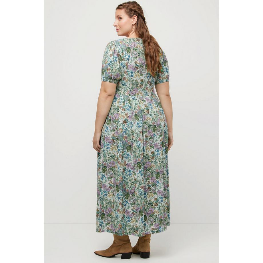 Ulla Popken Robe Midi Fleurs Lin Mélangé Col Rond Manches Bouffantes  